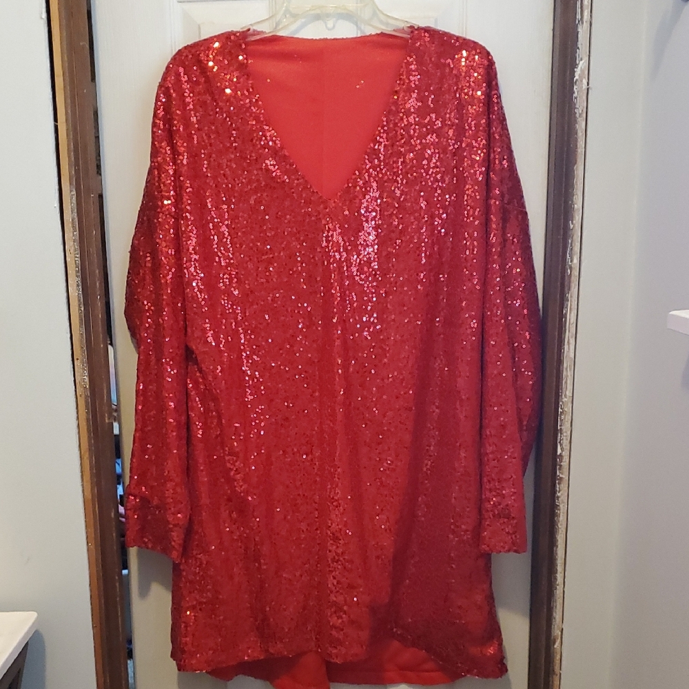 SHEIN Red Sequin Long Sleeve Dress